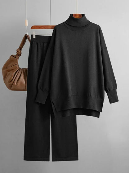 Women's Two Piece Set Autumn Winter High Collar Slit Knitted Sweater Pullover Fashion Casual Loose High Waist Pant Ensemble