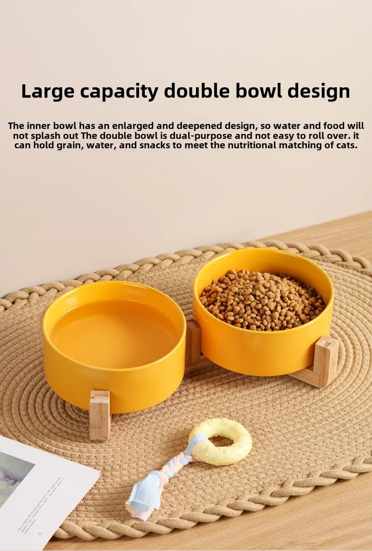 Ceramic Pet Bowl Dish With Wood Stand No Spill Pet Ceramic Double Bowl For Dog Cat Food Water Feeder Cats Small Dogs Pet bowl