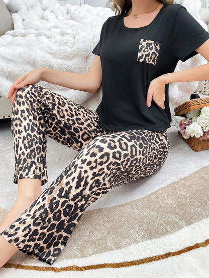 Women's Pajamas, Casual Leopard Print Comfortable Top with Pockets, Short Sleeves and Long Pants, Can Be Worn Outside, Loungewear Pajama Set