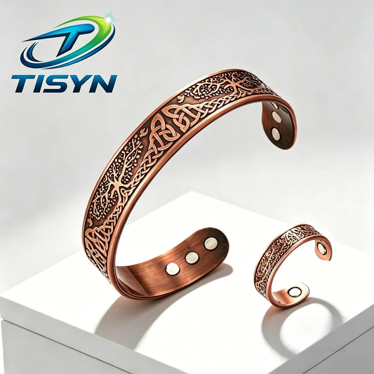 Viking Tree of Life Celtic Knot Zinc Alloy Magnetic Bracelet Ring Set Open Cuff Vintage Healing Jewelry for Men Women