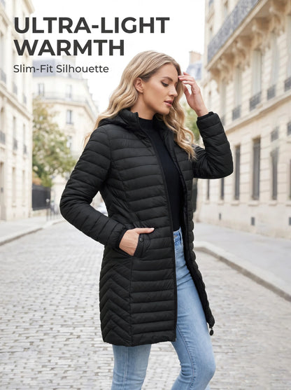 Ultralight Packable Puffer Coat for Women Long Warm Loose Solid Outwear with Detachable Hood