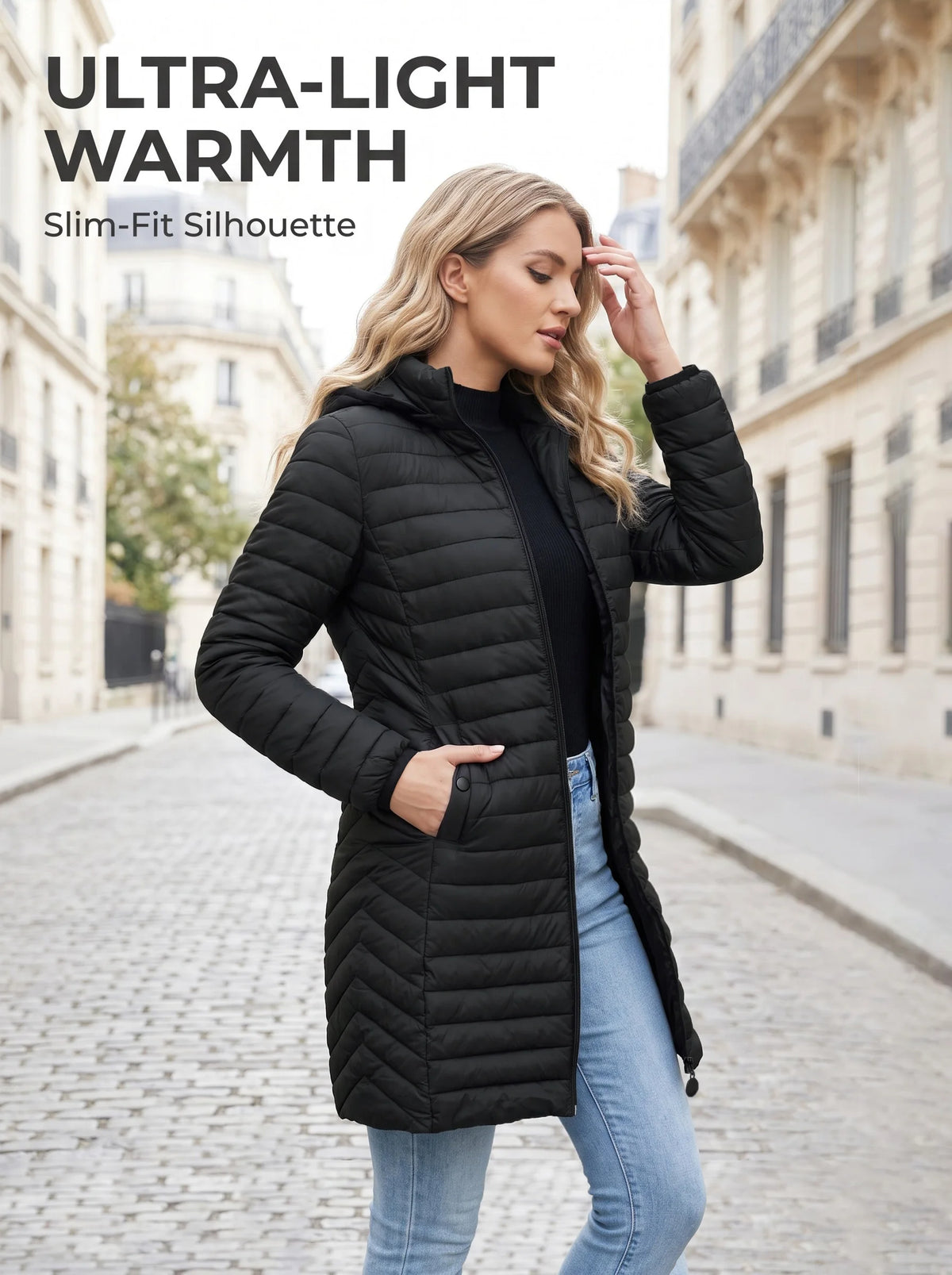 Ultralight Packable Puffer Coat for Women Long Warm Loose Solid Outwear with Detachable Hood