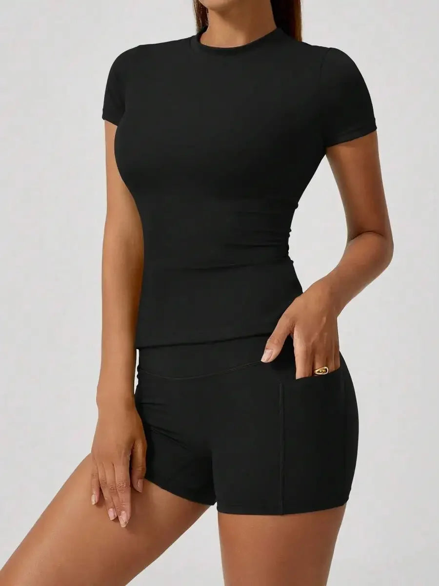 Women's Sweet Sports Short Sleeve High Waist Tummy Control Butt Lifting Shorts Set