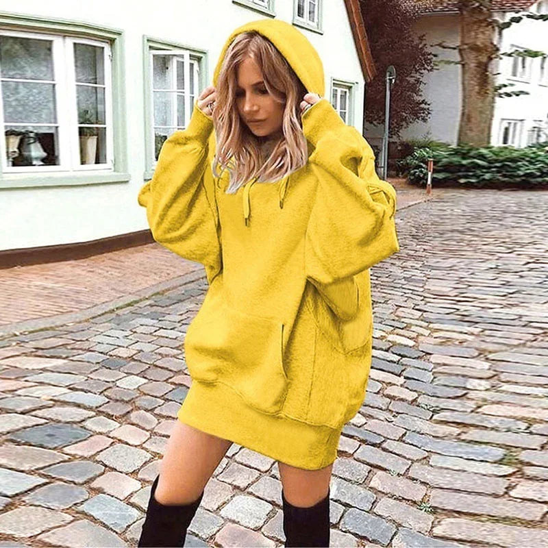 Oversized Hoodie Dress Women Loose Long Sleeve Pocket Drawstring Sweatshirt Dress Casual Streetwear Daily Wear Warm Pullover