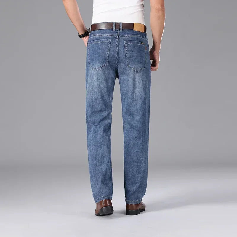 2026 Summer Brand Clothing Men's Straight Loose Lightweight Jeans Classic Badge Business Casual Thin Cotton Stretch Pants