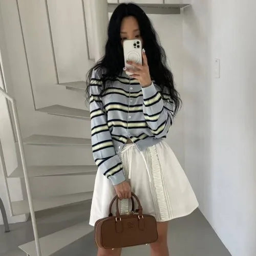 Spring New Classic Striped round Neck Button up Soft Knitted Open Cardigan Fashionable Design Sensation Women's Sweater