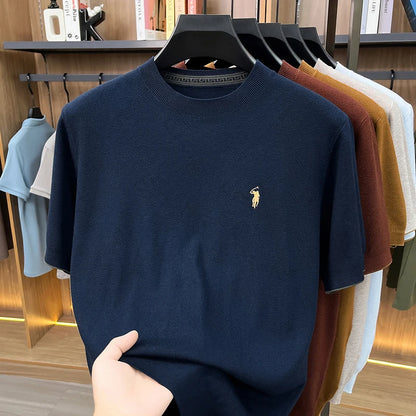High-end Men's Crew Neck Knitted Sweater Casual Embroidered Trendy Base Shirt Short-sleeve T-shirt Solid Color Top for Summer