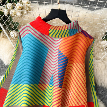 Miyake Pleated Drape Dress Women 2024 Spring Summer Colorblock Printing Lapel 3/4 Sleeve Single-breasted Fashion Shirt Dresses