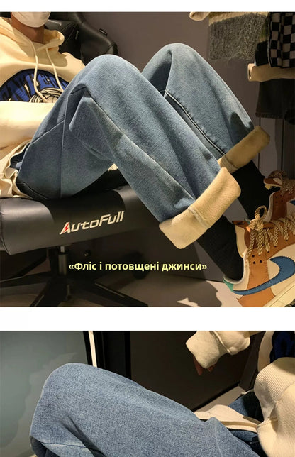 Thiened Fce Lined Thi High Waist Loose Fits Jeans Womens Winter Straight Leg Wide Leg Trousers Wear Resistd Denimcloth...