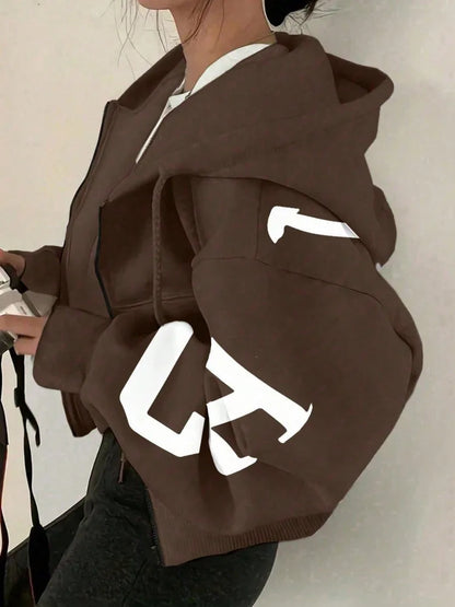 Women Y2K Crop Zip Up Hoodie Letter Print Oversized Long Sleeve Hooded Sweatshirt Casual Streetwear Short Jacket Outerwear
