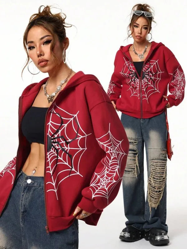 2026 Y2K Spider Web Print Unisex Zip Up Hoodie| Oversized Loose Fit for Men & Women, All Seasons