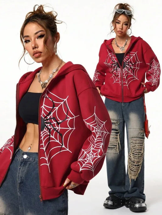 2026 Y2K Spider Web Print Unisex Zip Up Hoodie| Oversized Loose Fit for Men & Women, All Seasons