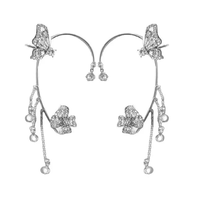 Silver Plated Metal Butterfly Ear Clips Without Piercing for Women Sparkling Zircon Ear Cuff Clip Earrings Wedding Jewelry