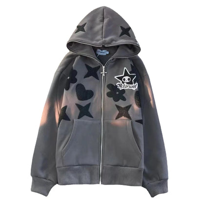 Women Retro Embroidery Hoodies Autumn Winter Zip Up Long Sleeve Loose Jacket Coats Y2k Harajuku Casual P