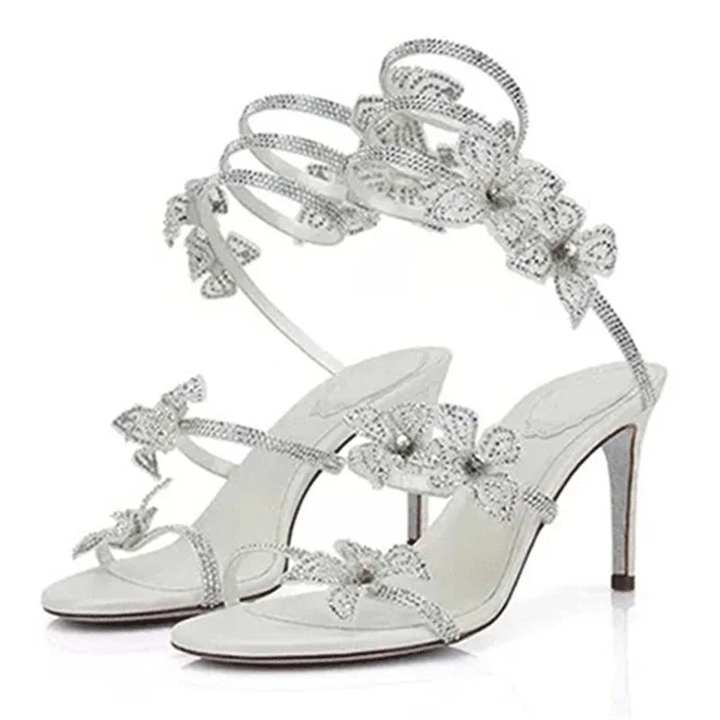 Eilyken Sexy CRYSTAL Flower Thin High Heels Women Sandals Street Style Narrow Band Ankle Strap Pole Dancing Ladies Shoes