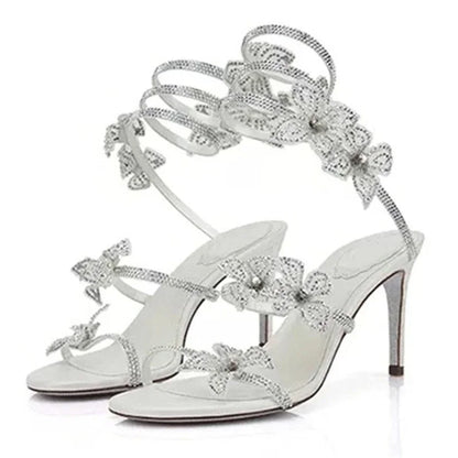 Eilyken Sexy CRYSTAL Flower Thin High Heels Women Sandals Street Style Narrow Band Ankle Strap Pole Dancing Ladies Shoes