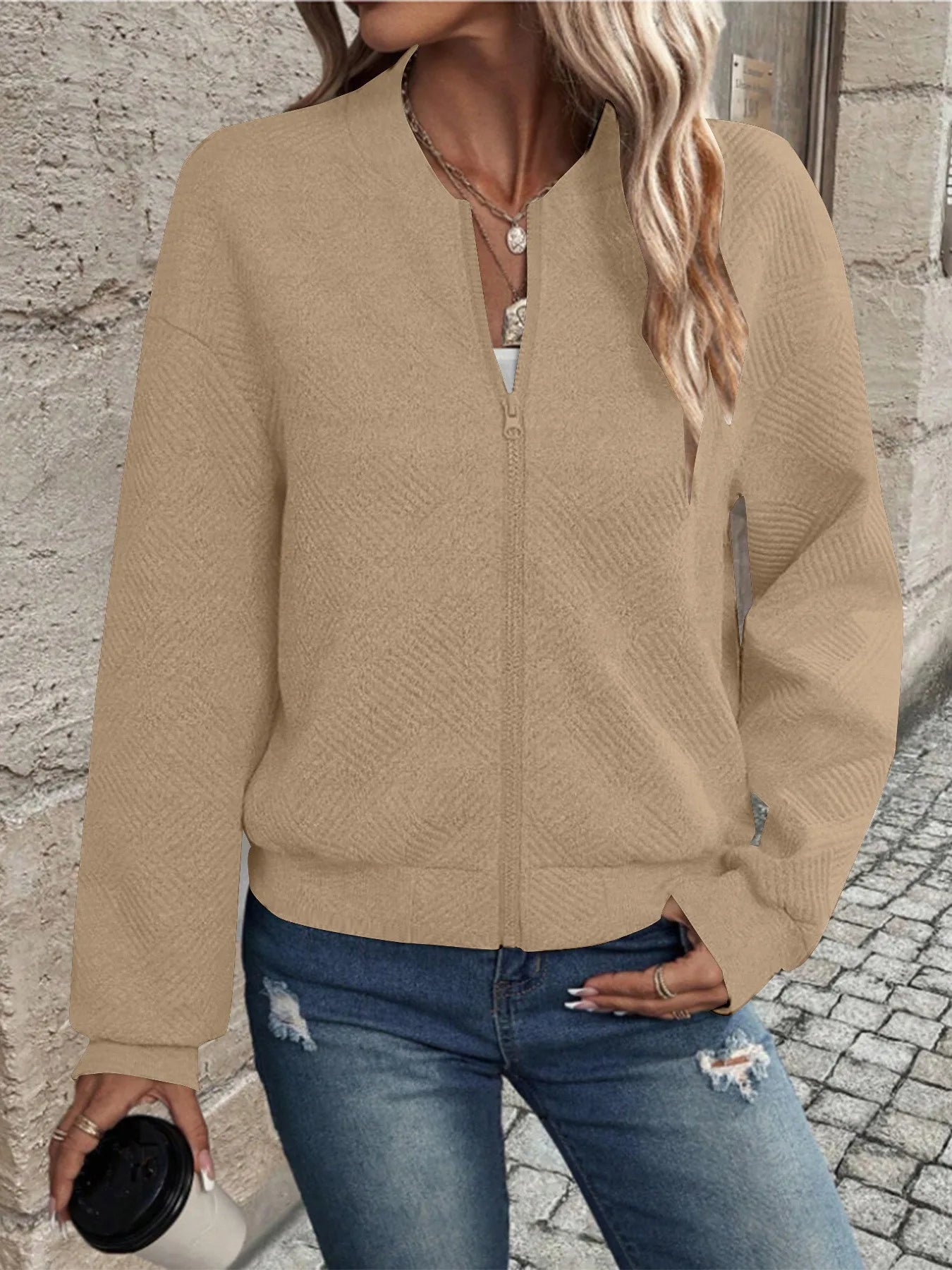 Women's Casual Zipper Jacket - Polyester Spandex Knit Fabric Spring Autumn Coat