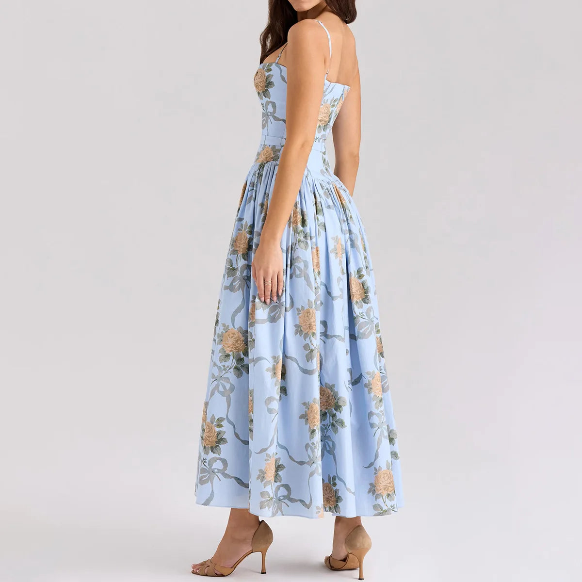 Summer Midi Dress - Women's Floral Print Elegant Camisole Fit and Flare Holiday Dress
