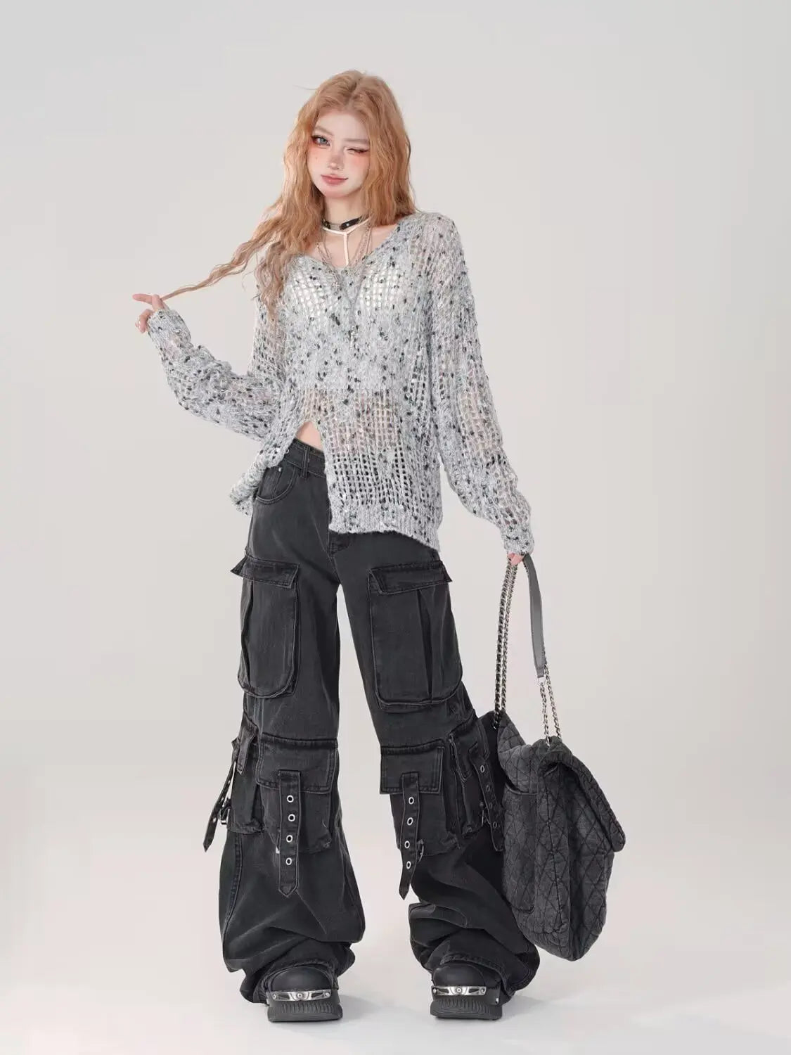 Women Y2k American Retro Mutil Pockets Cargo Jeans American Vintage Gyaru 2000s Aesthetic Grunge Jeans Straight Denim Pants