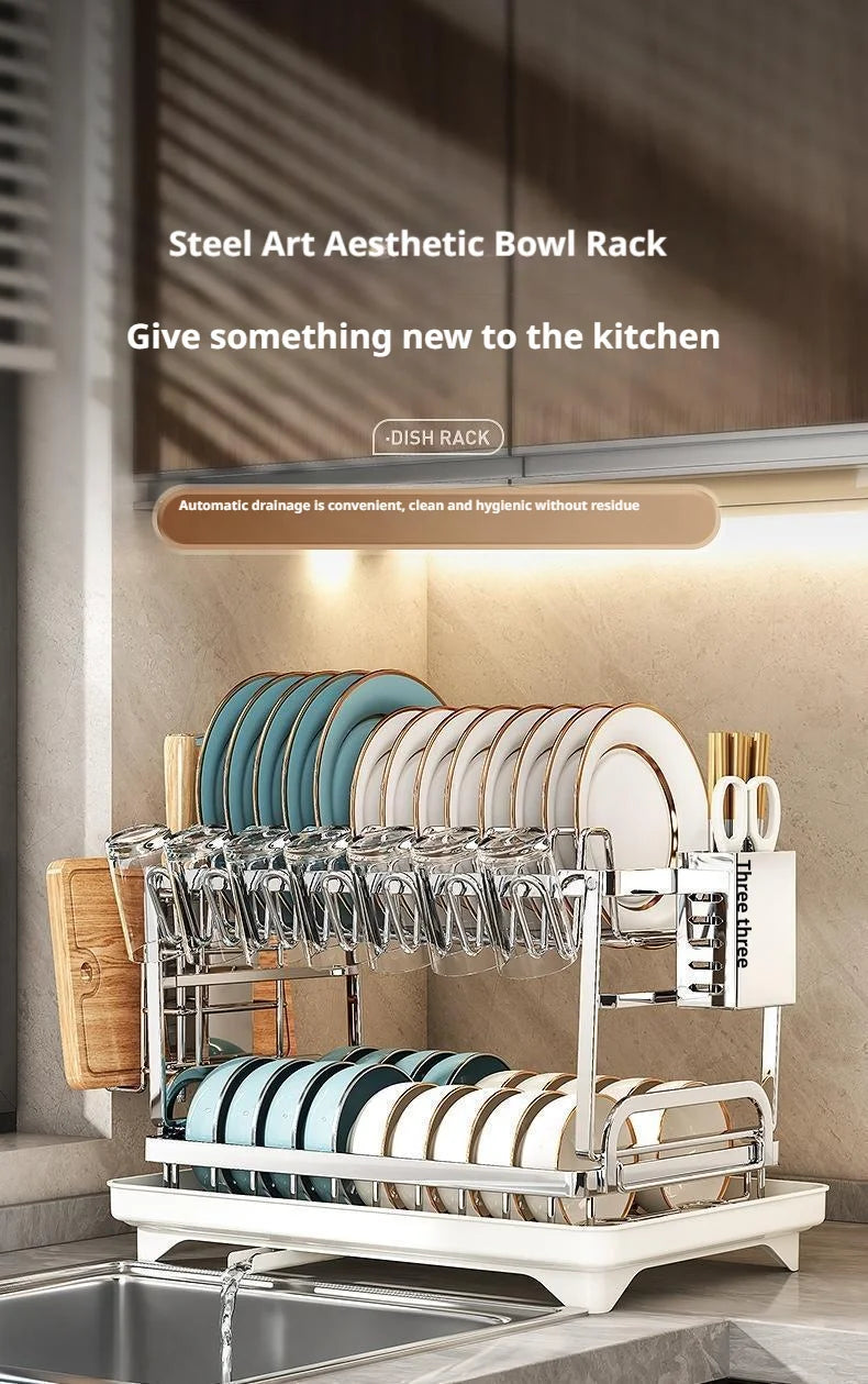 Dish Drying Rack - 2 Tier Stainless Steel Over Sink Shelf with Utensil Holder