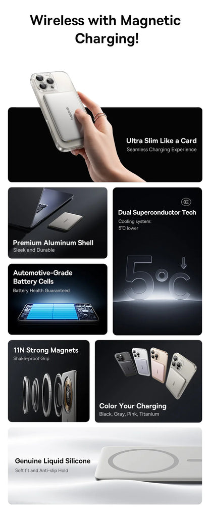 【CCC】Baseus 10000mAh Magnetic Power Bank PD 27W, 5000mAh Magnetic Power Bank PD 20W Card-Sized Powerbank For iPhone 17 Samsung