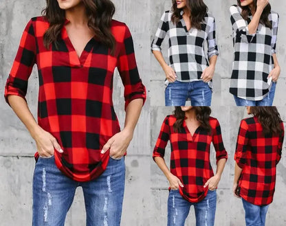 Fashion Plaid V-neck T-Shirt Woman Top Summer T Shirt Women Clothes  Ladies Tops Casual Beach Sun Blusas