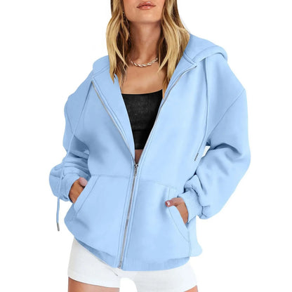 Fashion Gray Zip Up Sweatshirt Women Autumn Winter Jacket Clothes Hoodies Daily Pockets Long Sleeve Solid Versatile Lady Hoodies