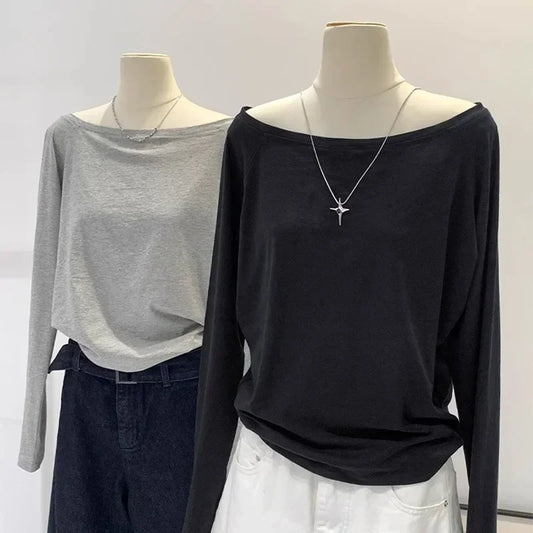 Autumn Winter One Shoulder Cotton Long Sleeve Slant Shoulder Women's Clothing Style Interior Wide Truffle Shoulder Base Shirt