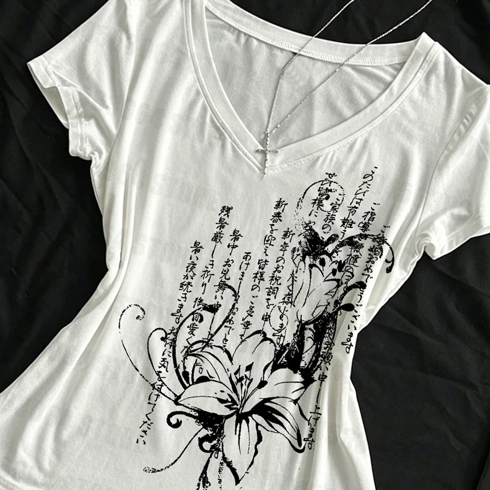Women's Tee Shirt Summer Gothic Print T-Shirt Short Sleeve Slim Fit Graphic Tops 2000s Grunge E-girls Korean Style Streetwear