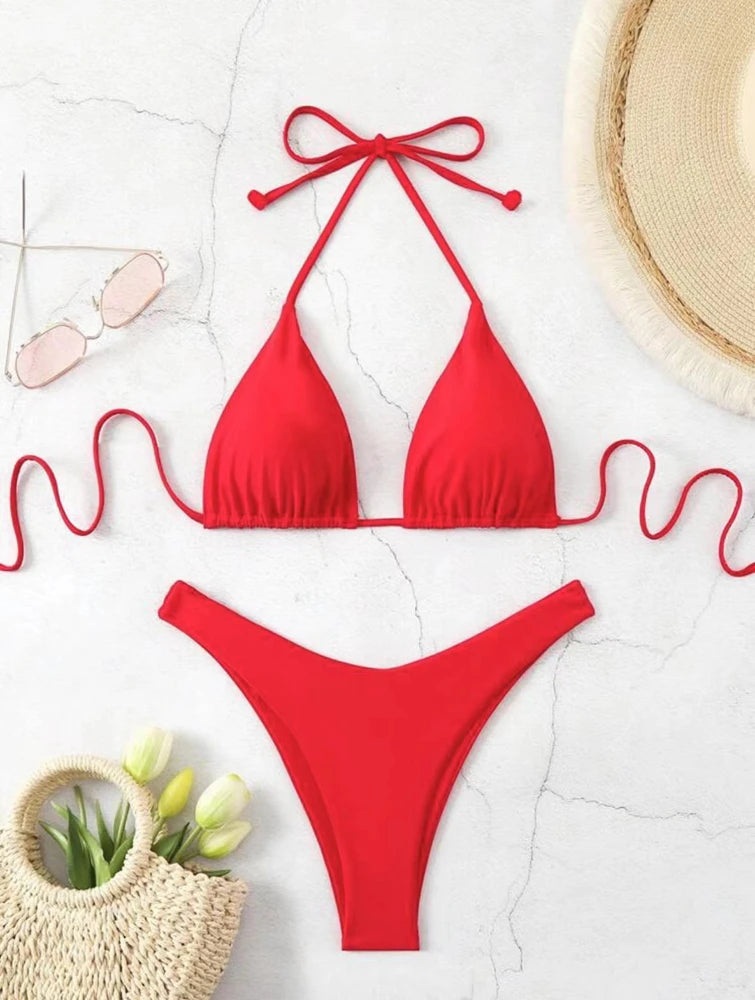 Womens Halter Thong Bikini - Sexy Lace-Up Brazilian Swimsuit in WhiteBlackCoffee - ZOOMNSTORE