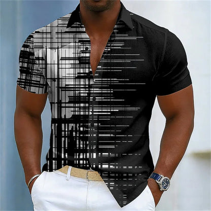 Men's color-blocked abstract striped short-sleeved shirt, summer fashion casual men's shirt, Hawaiian shirt, sizes XS-6XL.