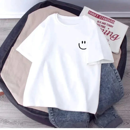 Girls Smiling Face T-Shirt Soft Cotton Loose Fit Kids Tees Summer Kawaii Casual Short Sleeve Top