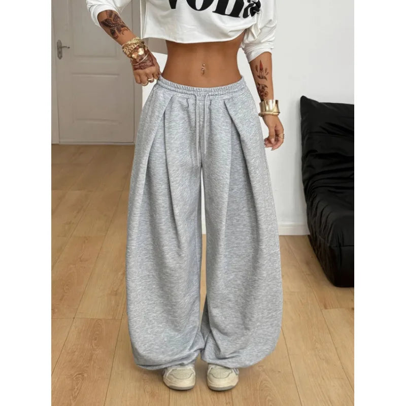 Y2K new Wide Leg Sweatpants Women Streetwear Baggy Oversize Gray Sports Pants High Waist Drawstring Casual Joggers Trousers