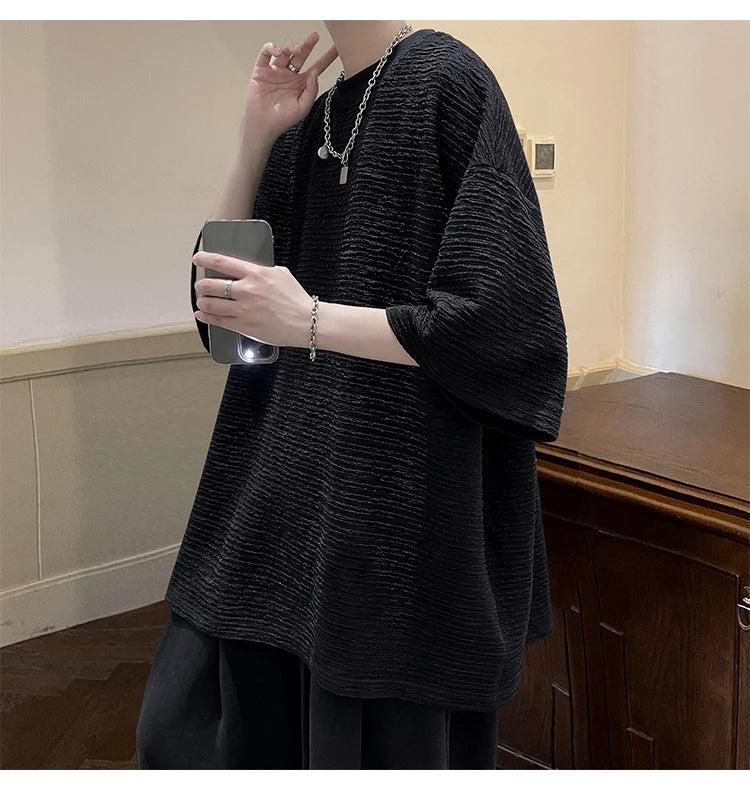 Summer Striped Texture T Shirt Men Korean Style Short Sleeve Loose  Fashion Casual Easy-care Tshirt Oversized Tops White/Black