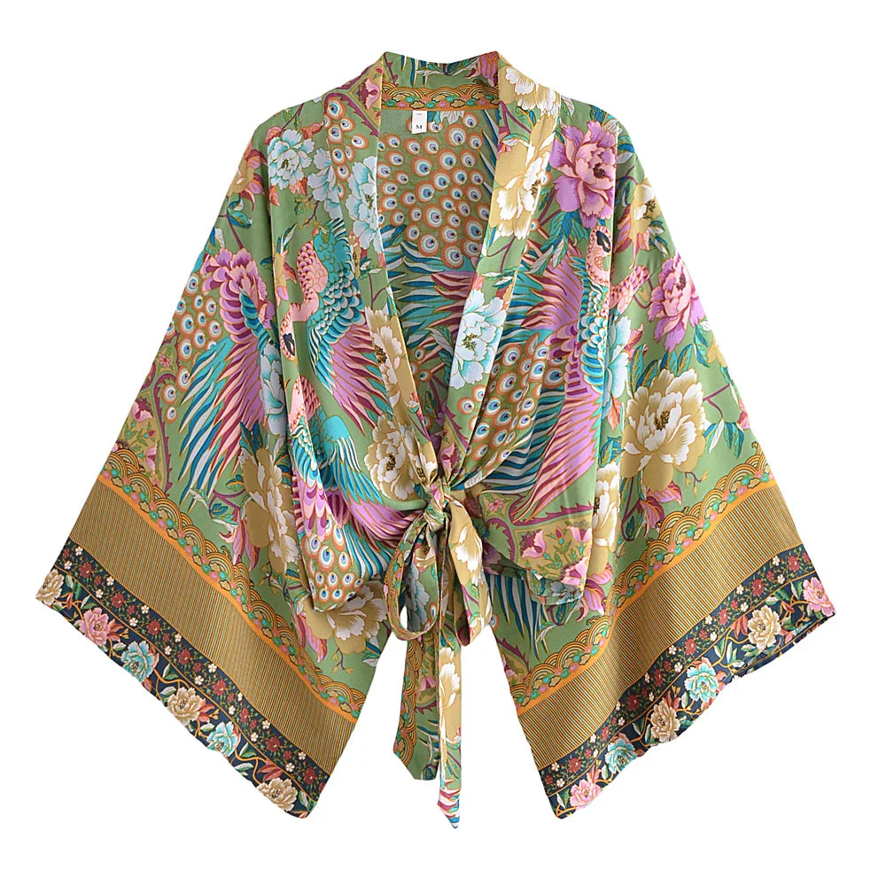 Boho Queens Women Peacock Floral Print Outfits Short Kimono Robe Bohemian Suits Wide Leg Pants 2 Pieces Rayon Boho Sets Swimsuit