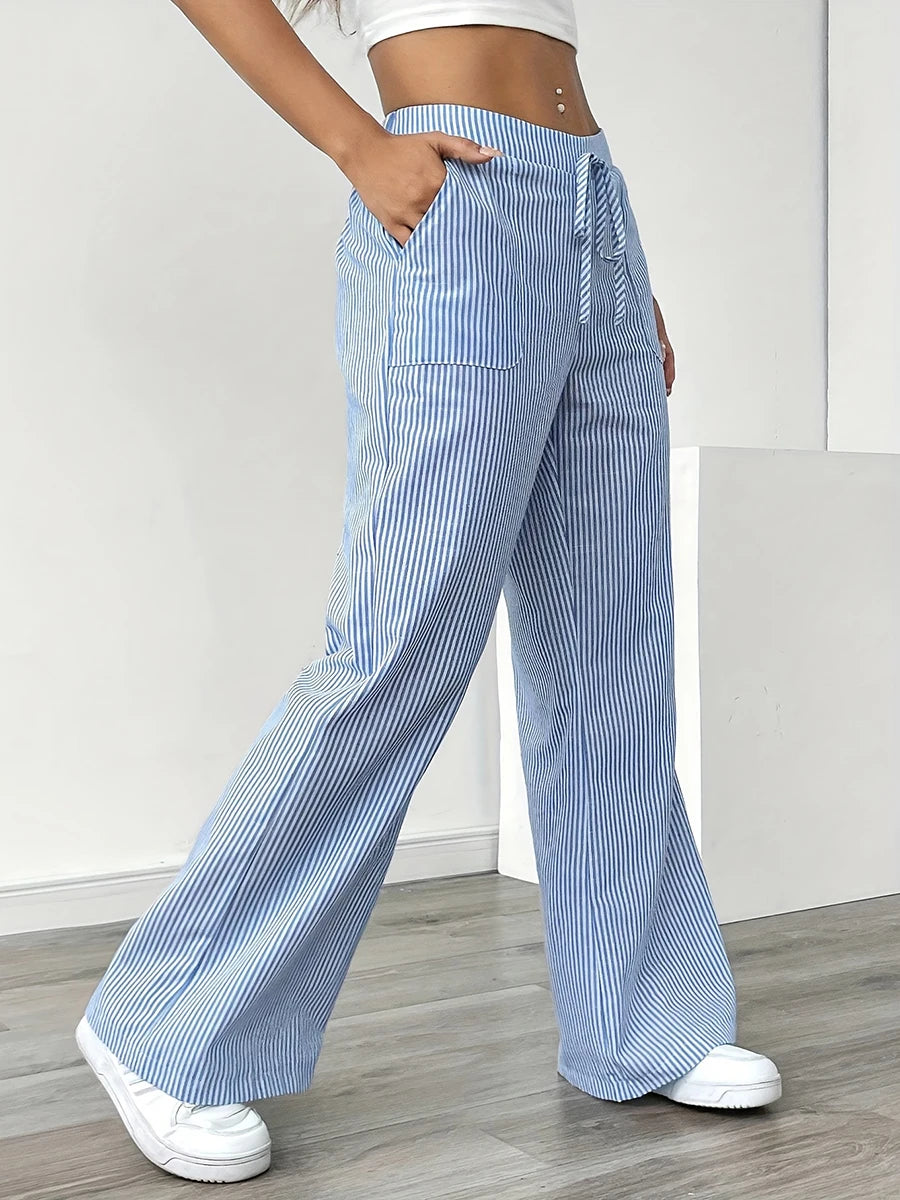 Women's Vertical Striped Wide Leg Pants High Waist Drawstring Loose Casual Trousers Autumn Elastic Waist Trousers with Pockets
