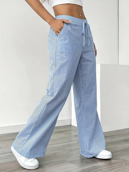 Women's Vertical Striped Wide Leg Pants High Waist Drawstring Loose Casual Trousers Autumn Elastic Waist Trousers with Pockets