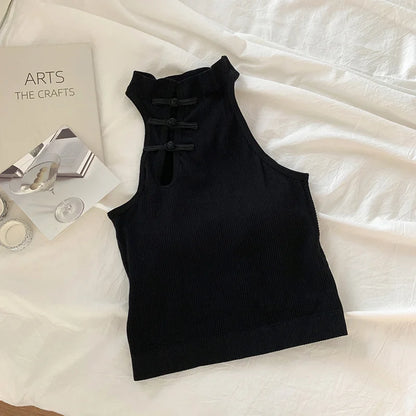 ITOOLIN Elegant Women Chinese Button Tank Tops With Bra Pad O-Neck  Sleeveless Tank Tops For Women Sexy Crop Tops All-Match 2024