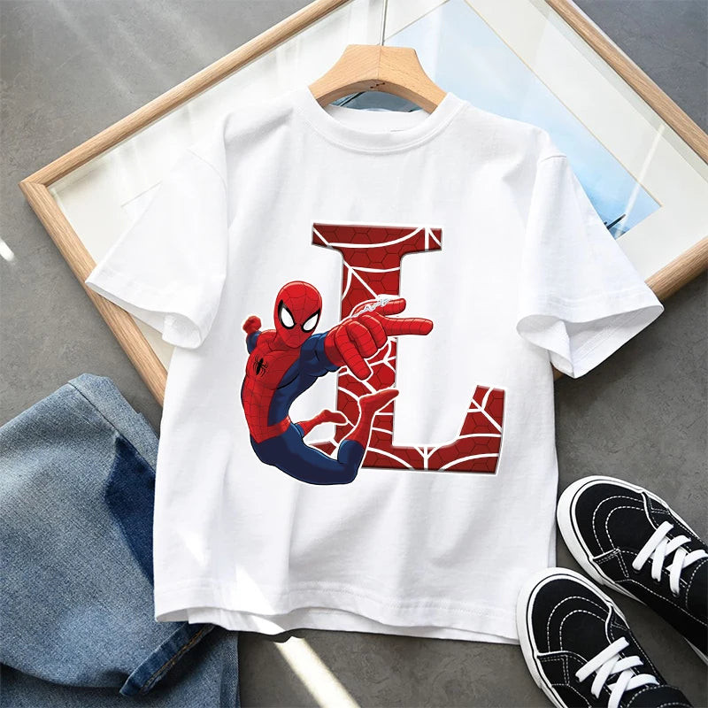 2026  New Children's Spider Man Cartoon Letter Printed T-shirt Cotton T-shirt Boys' Short Sleeved Top Children's Clothing