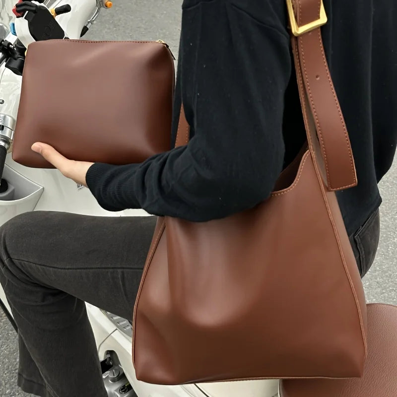 Women's Tote Bag - Minimalist Faux Leather Shoulder Handbag with Zipper Closure