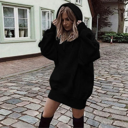 Oversized Hoodie Dress Women Loose Long Sleeve Pocket Drawstring Sweatshirt Dress Casual Streetwear Daily Wear Warm Pullover