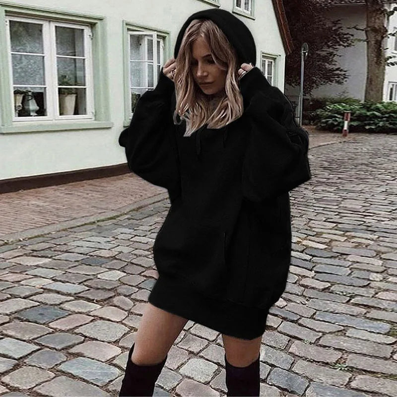 Oversized Hoodie Dress Women Loose Long Sleeve Pocket Drawstring Sweatshirt Dress Casual Streetwear Daily Wear Warm Pullover