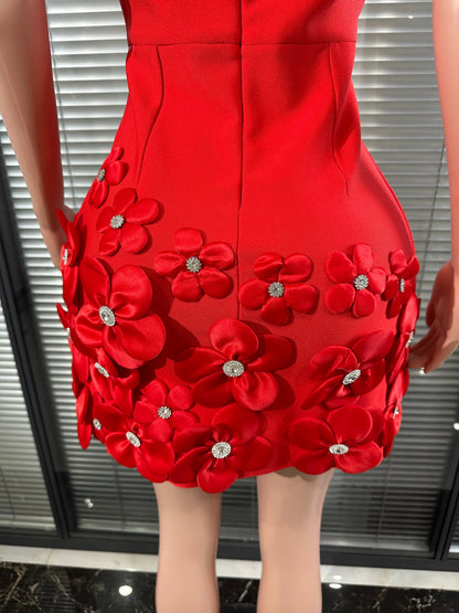Glamorous Sexy Crystal 3D Flowers Emmbellished Deep V-neck Sleeveless High Waist Evening Party Bandage Mini Dress