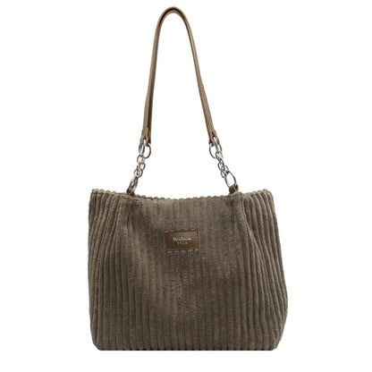 Corduroy Shoulder Handbag – Women's Soft Cotton Shopping Bag With Zipper Closure