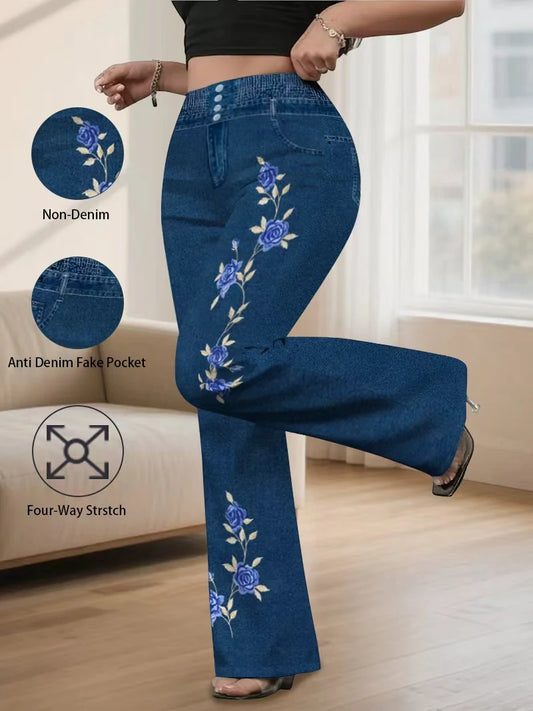 Elegant Rose Print Flare Pants Plus Size, High Waist Faux Denim Bell Bottoms, Vintage Chic Stretchy Trousers for Curvy Women