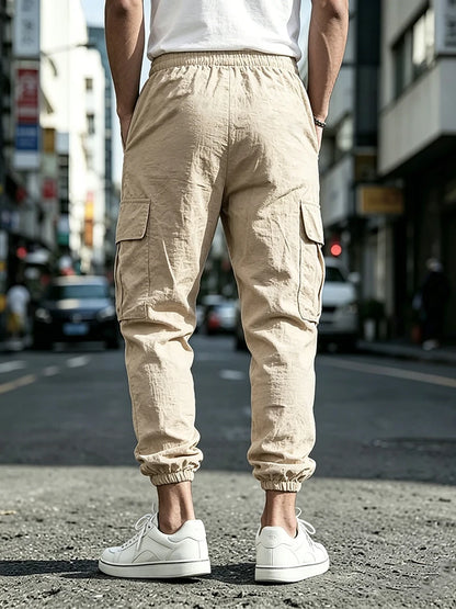 Men's Cotton Linen blend Cargo Jogger Pants Elastic Waist Drawstring Multi Pockets Casual Breathable Streetwear Trousers for Men