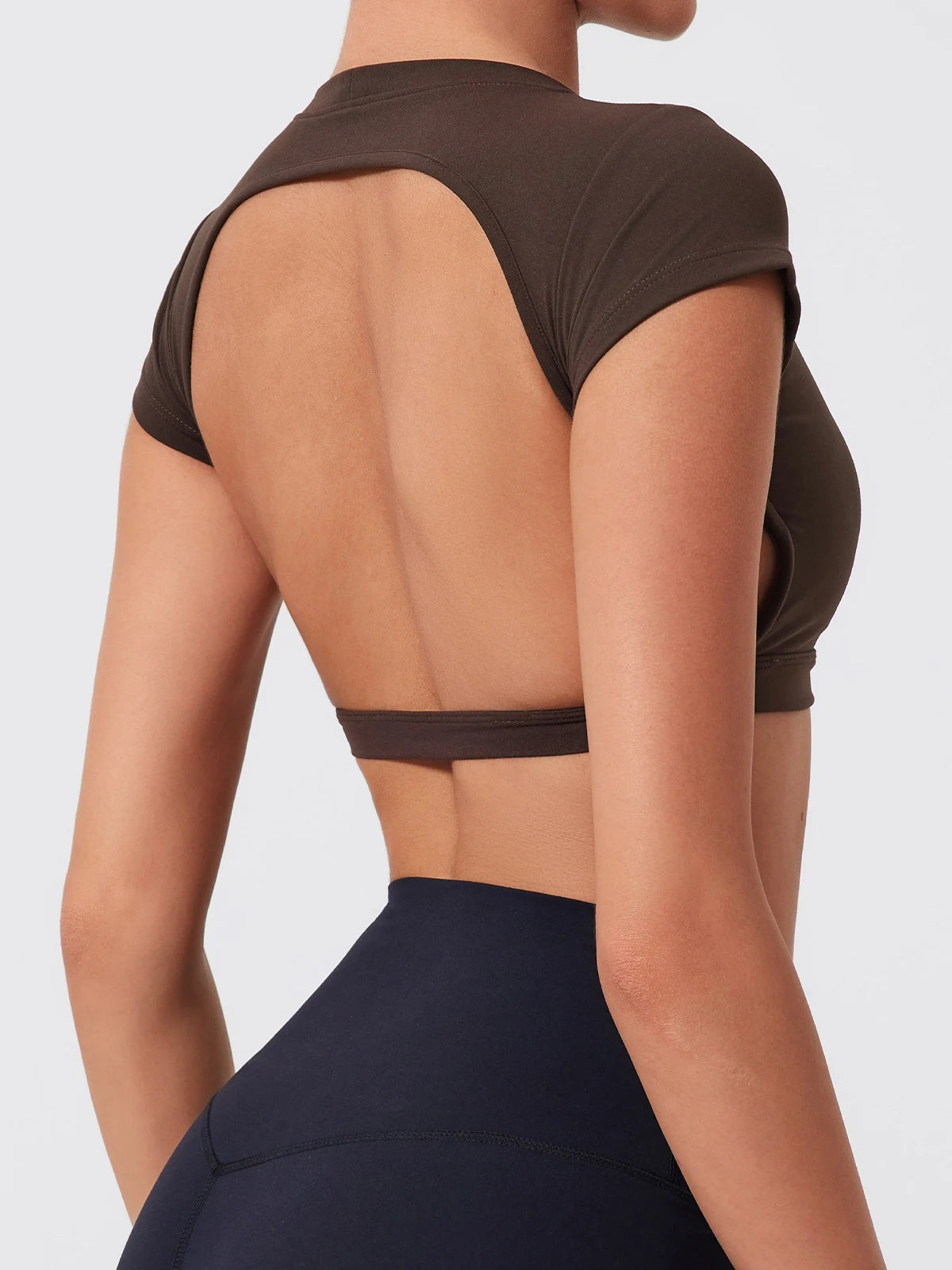 Women Crop Top - Backless Sports Crop Tee With High Compressive Waistband