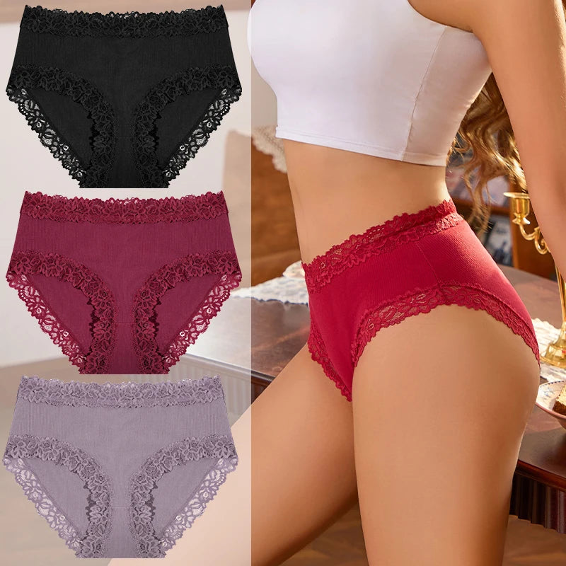 3PCS/Set Women Cotton Panties Lace Low Waist Briefs Trendy Patchwork Lace Intimate Underwear Stretch Comfortable Ladies Lingerie