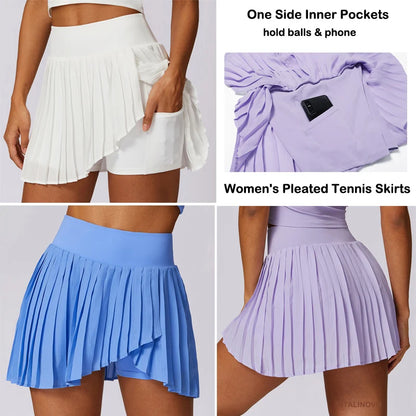 VITALINOVO Women's High Waisted Pleated Tennis Skirts with Pockets Tummy Control Casual Liner Skorts A Line Workout Golf Skirts