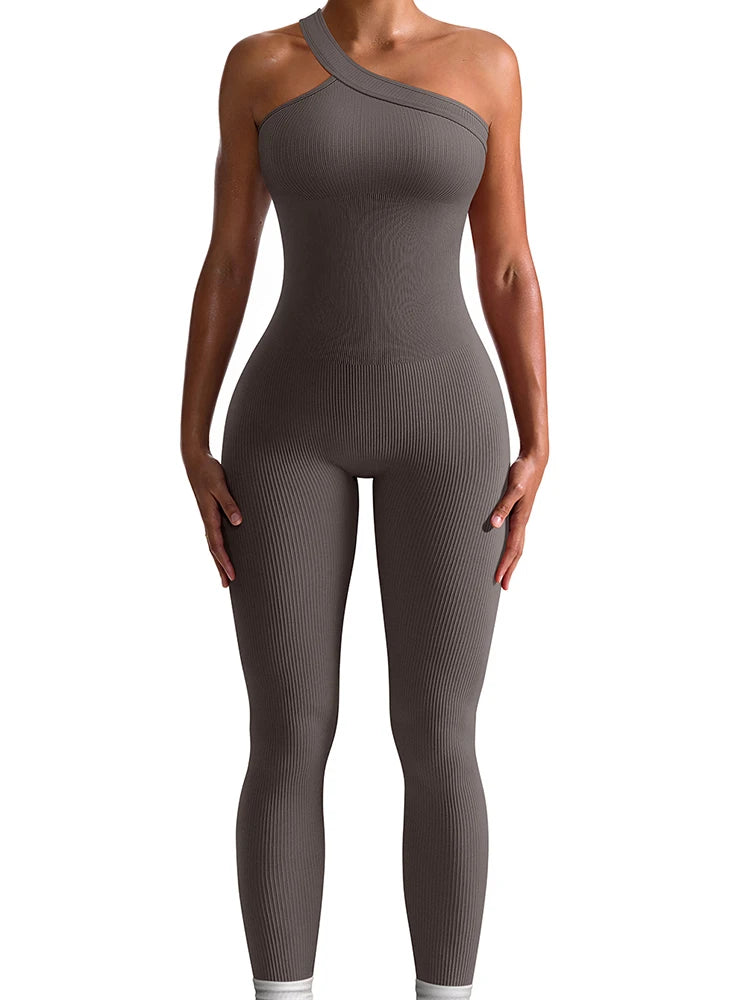 Women Yoga Jumpsuit – Ribbed One Shoulder Sleeveless Fitness One Piece, Breathable Activewear